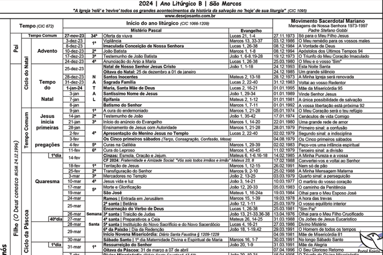 Calendário Litúrgico 2024 Simplificado Em Alta Qualidade Pra Imprimir ...